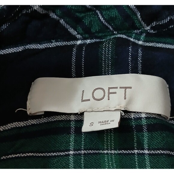 Loft Plaid Mock Neck Top Women’s S Green Blue Long Sleeve Grunge Preppy EUC - Picture 6 of 7